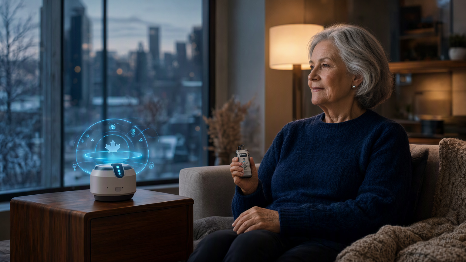 An elderly woman at home in the evening, interacting with a small AI safety device that shows a soft holographic safety interface