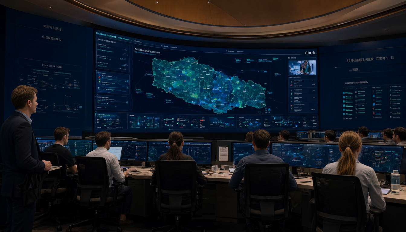 A modern regional service center operations room with staff monitoring large safety dashboards