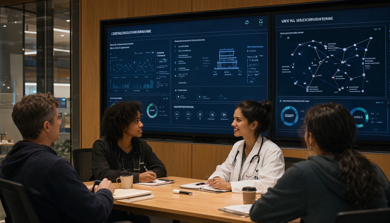 Researchers collaborating in a university innovation lab with elder-safety analytics on large screens